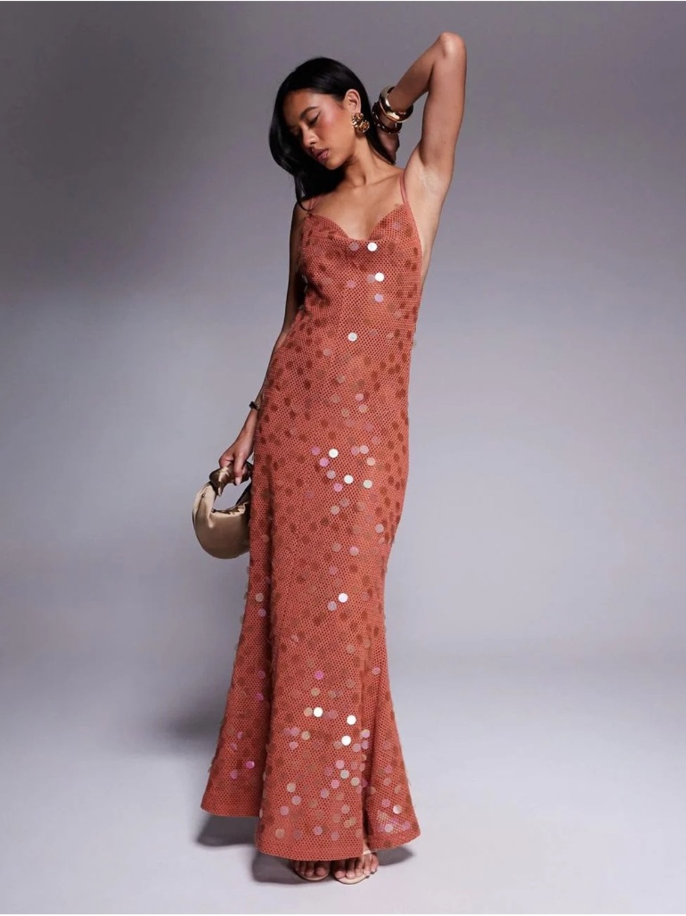 ASOS Rust Sequin Spaghetti-Strap Maxi Dress